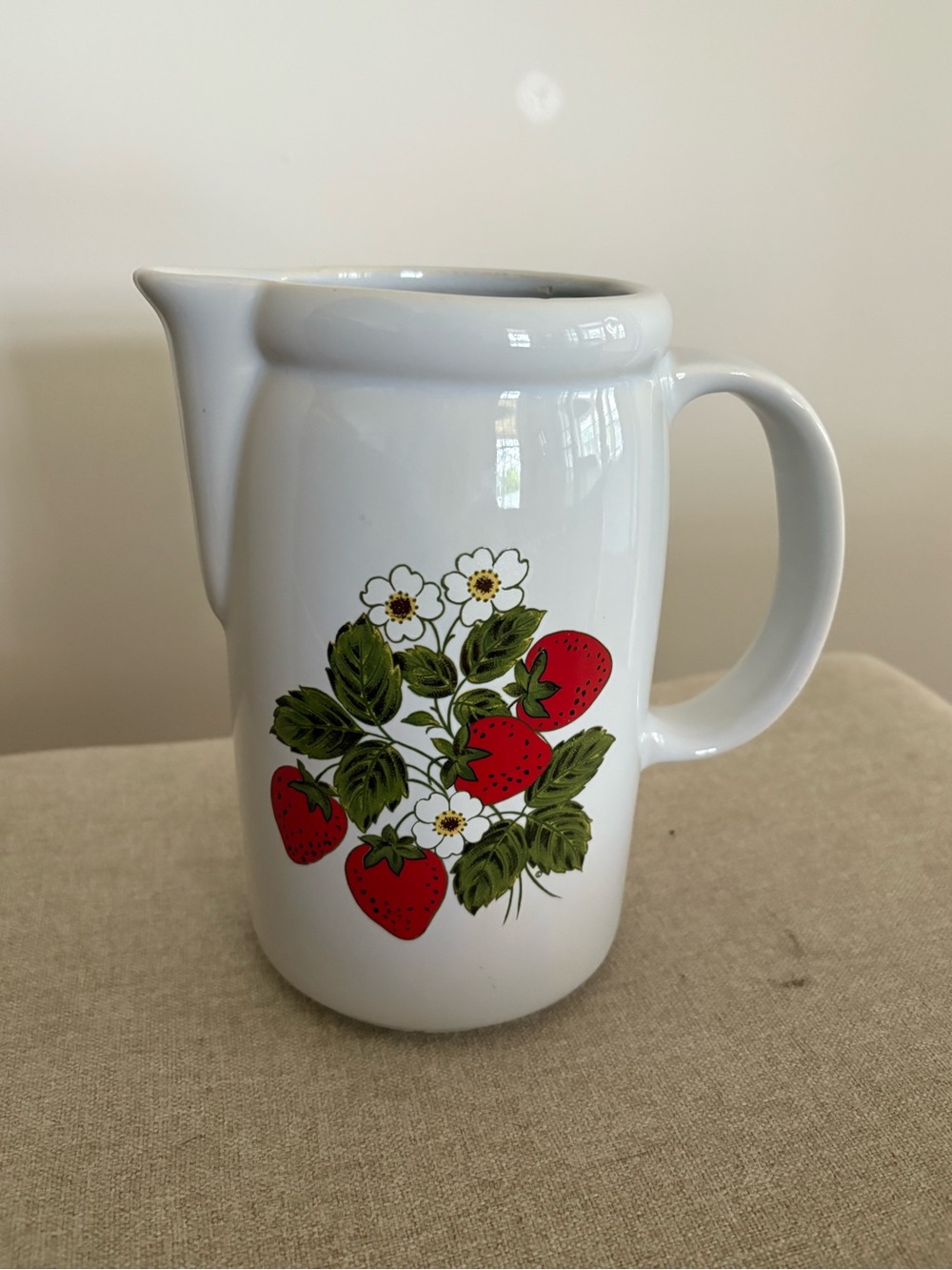 Vintage White Strawberry Print Ceramic Pitcher